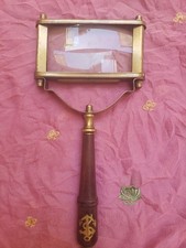 Brass Framed Handheld Reading Magnifier Rectangular Lens Wooden Handle
