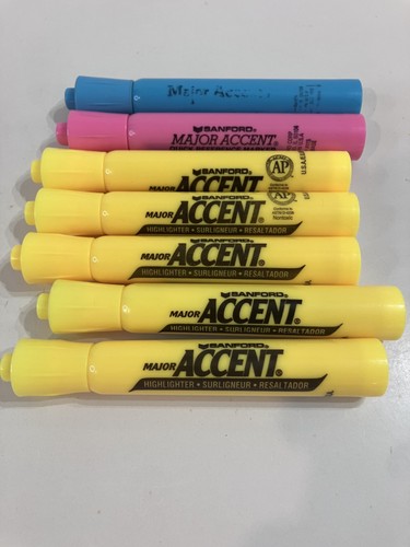 Vintage Sanford MAJOR ACCENT Highlighters Lot of 7 Yellow Pink Blue