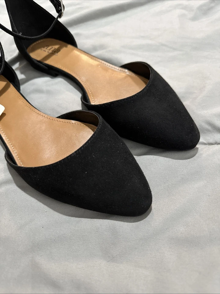 NUEVO CON ETIQUETAS A.N.A Darell Punta Punta Ballet Tirantes Planos Negros Imitación Gamuza Zapatos 8.5M Foto 2 de 4