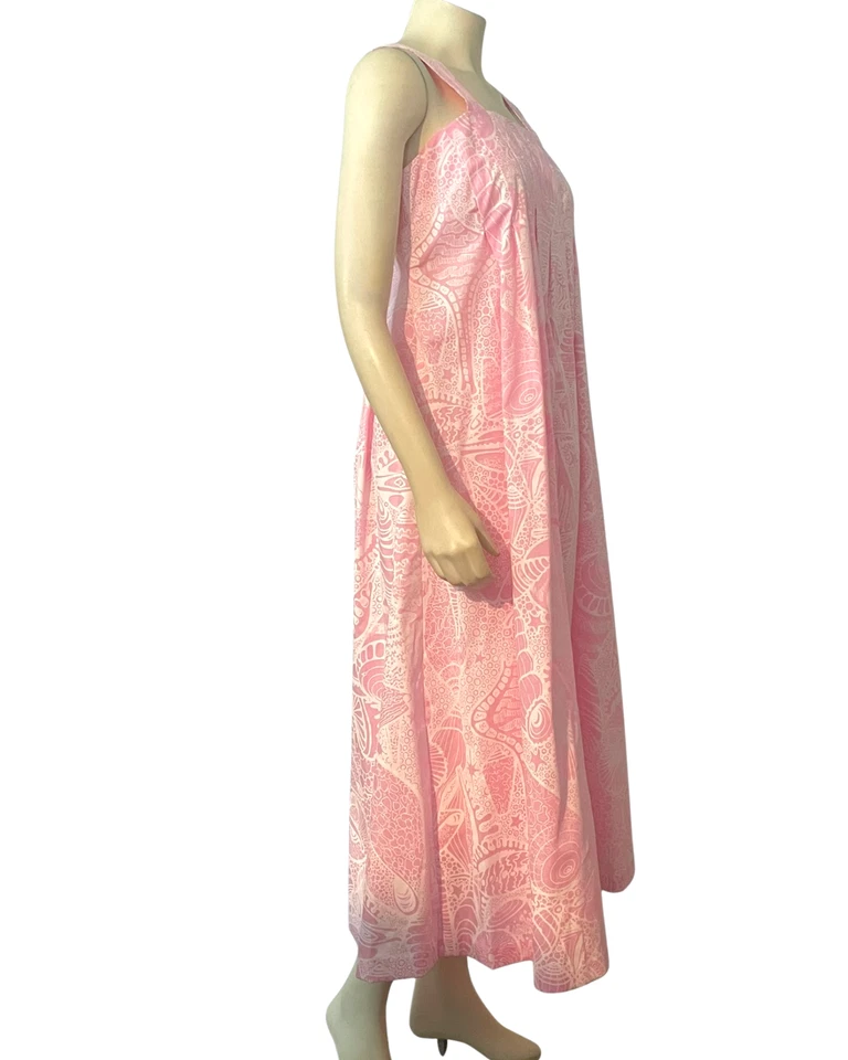 Винтажный 70-х Таити импорт Sz S макси солнце платье завышенной талии розовый раковины Гавайи пляж - Изображение 2 из 4