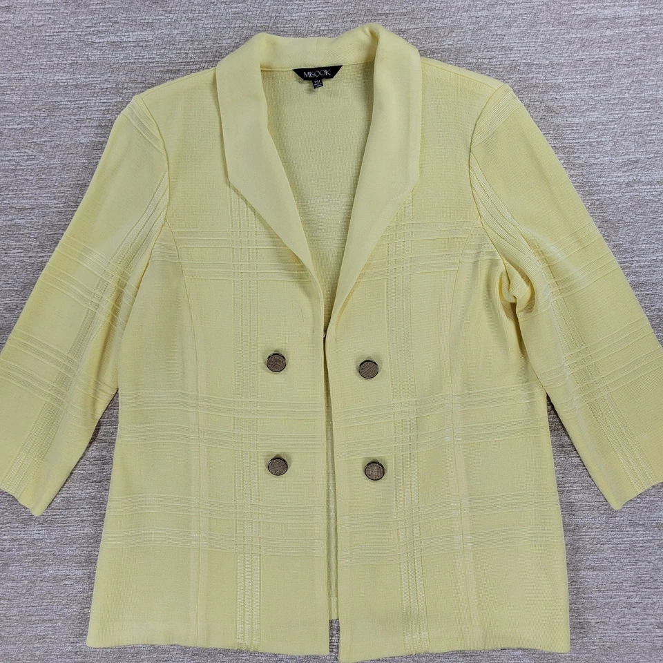 Chaqueta Suéter Tejido Misook PM Petite Amarillo Cuadros Doble Pecho Manga 3/4 Foto 4 de 4