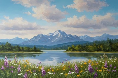 Mountains Lake Landscape Painting Wall Art Print Printed On Canvas Artprint