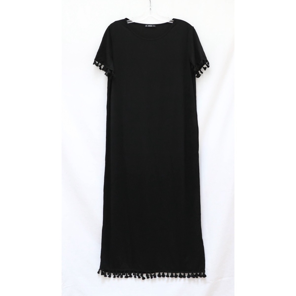 NWOT Shein black midi maxi dress M medium tassel trim comfy resortwear  coastal