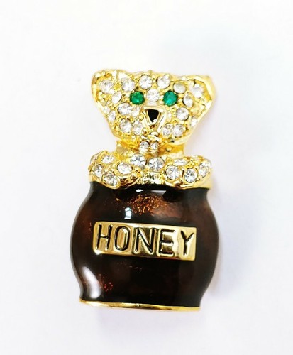 W) vintage Teddy Pooh Bear in Honey Pot Jar Enamel Rhinestone Brooch Pin Costume