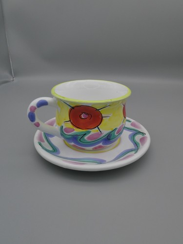 Tickled Pink Mug Cup Saucer Hand Painted Elizabeth Roache PresenTense Italy 15oz - Picture 5 of 15