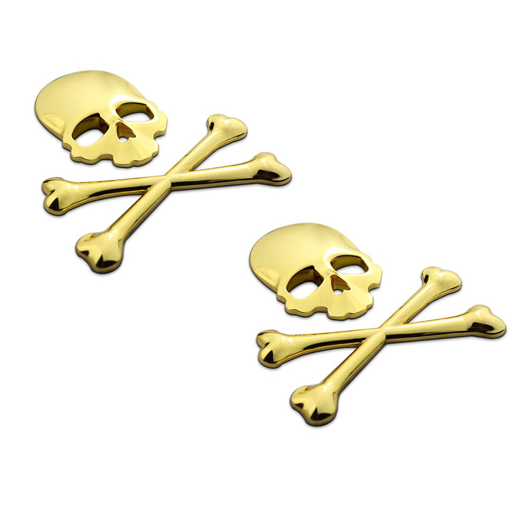 2PCS Gold 3D Crossbones Skull Metal Logo Emblem Badge