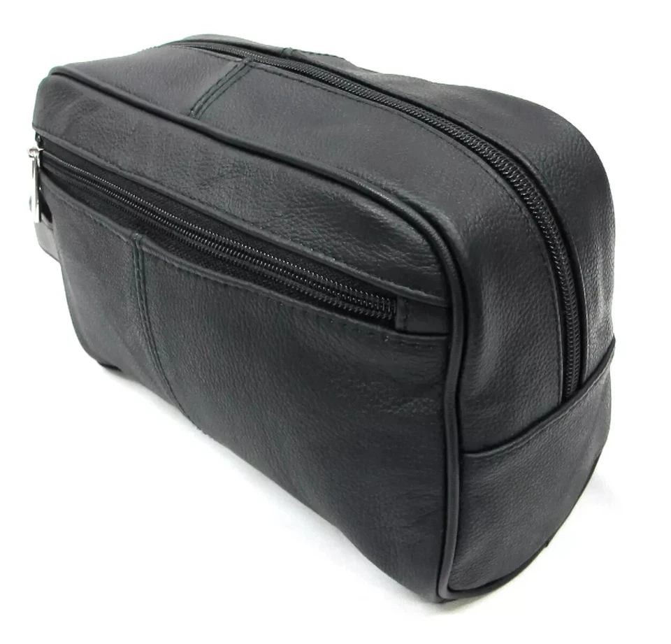 Bolsa de viaje y artículos de afeitado de cuero de vaca genuino de calidad para hombre 3 cremalleras negra Foto 4 de 4