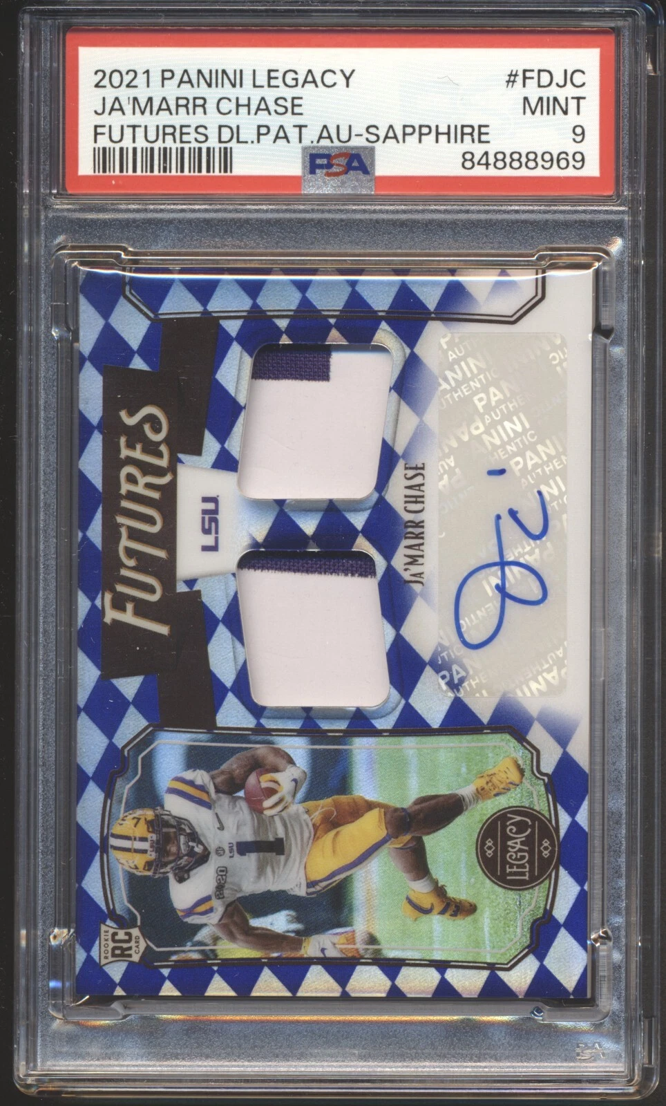 JaMarr Chase Panini Legacy Futures Dual Patch Autographs #FDJC Sapphire