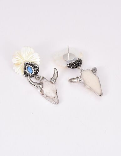 Bull Head Skull Earrings Southwestern Crystal Floral Turquoise Shell Silver Post - Picture 2 of 7