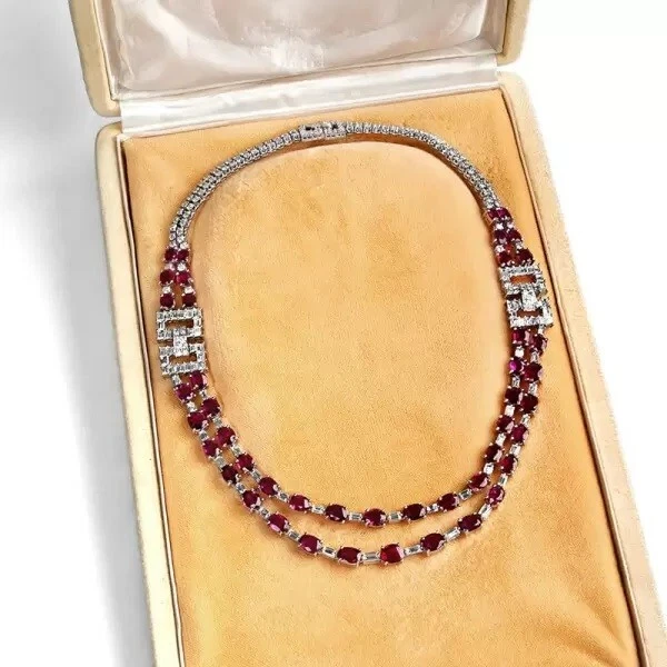 52ctw Created Oval Cut Ruby & Diamond Two Row Statement Necklace 14k Gold Plated - Image 2 of 4