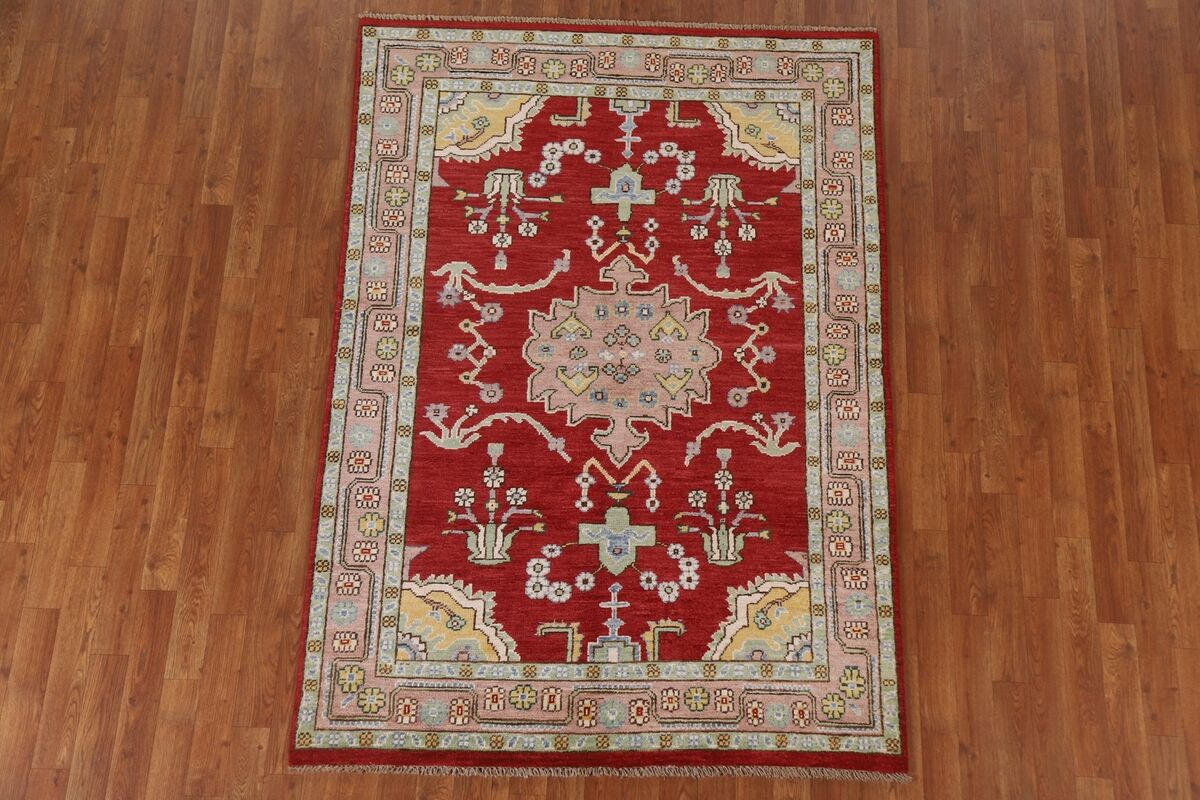 Geometric Red Vegetable Dye Oushak Turkish Area Rug Wool Handmade Carpet 4'x6' Geometric Red Vegetable Dye Oushak Turkish Area Rug Wool Handmade Carpet 4'x6'