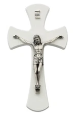 White Wall Cross with Satin Silver Plated Crucifix and INRI, 7 inches