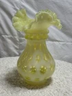 VINTAGE RARE Fenton Topaz Vaseline Coin Dot Opalescent Canary Yellow Vase GLOWS