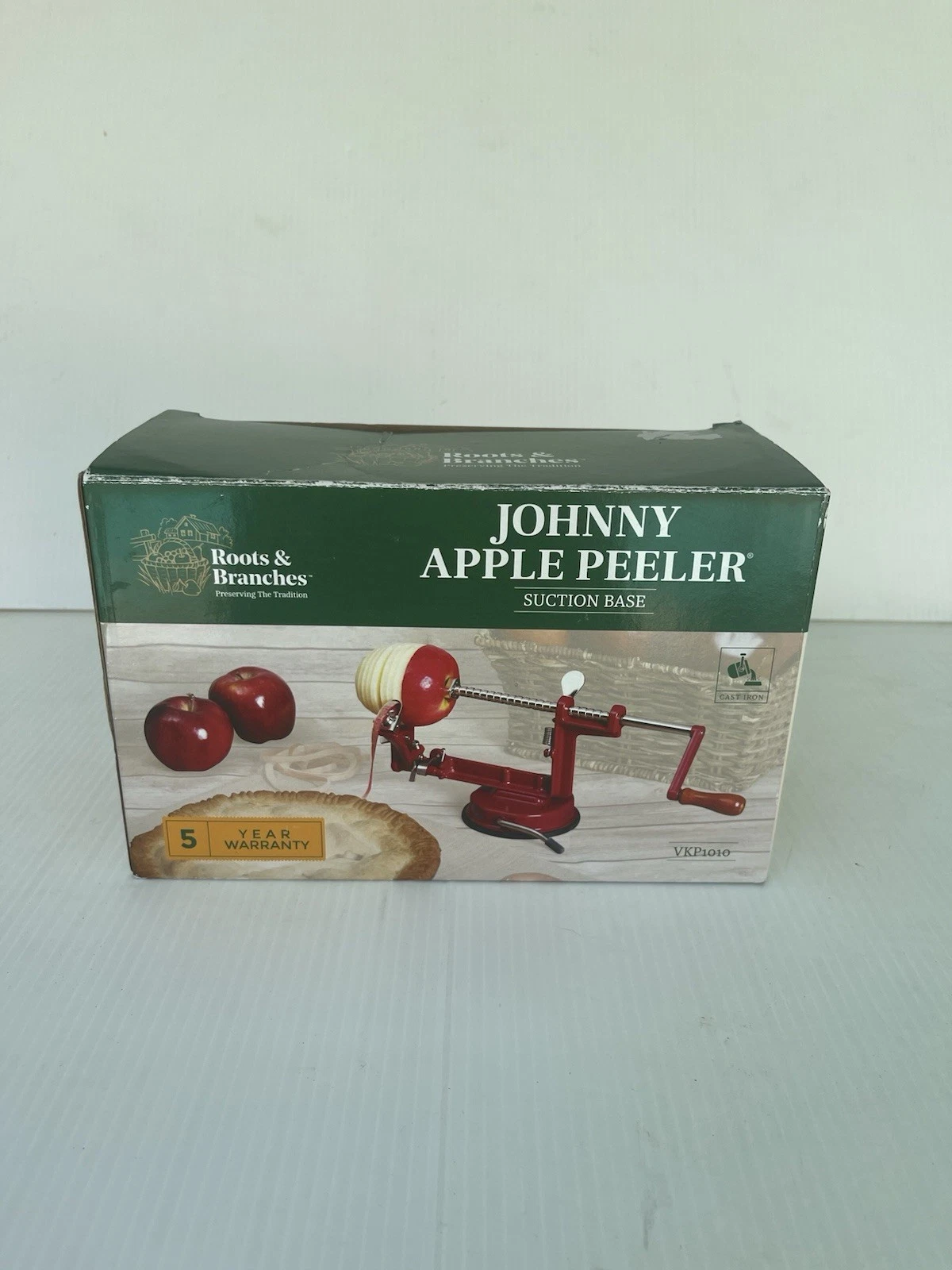 Johnny Apple Peeler Countertop Red Suction Cup Mount Wood Handle In Original Box