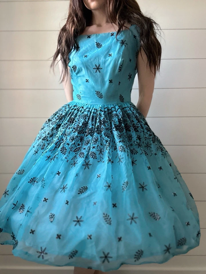 Vestido de noite vintage 1950s glitter flocado patty chiffon coquetel aquático  - Imagem 3 de 4