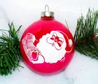 Vtg~ 3" Stenciled SANTA FACE~ Red/Pink Glass Xmas Ornament ~Shiny Brite?