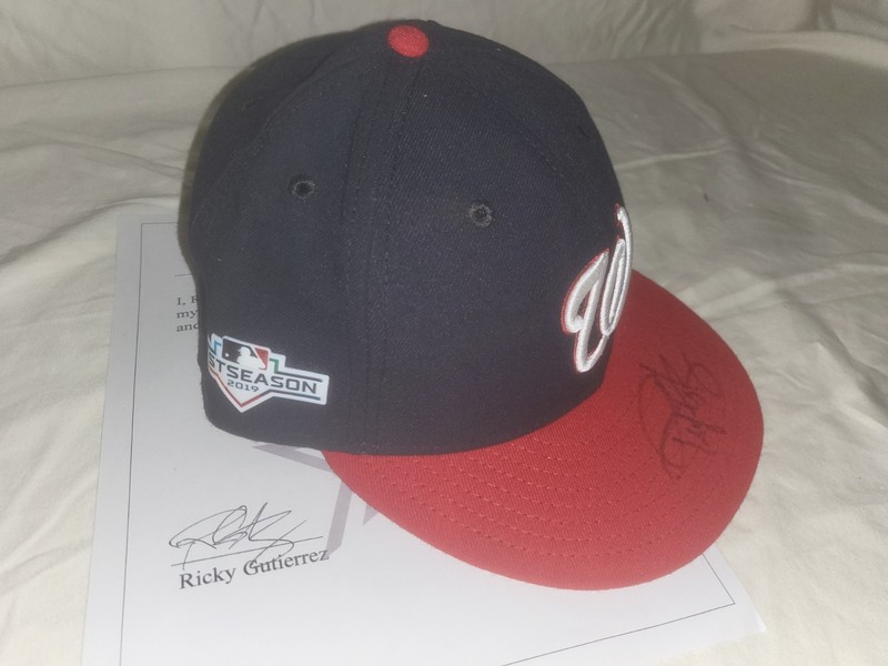 RICKY GUTIERREZ NATIONALS 2019 POSTSEASON GAME USED AUTOGRAPH HAT GUTIERREZ LOA