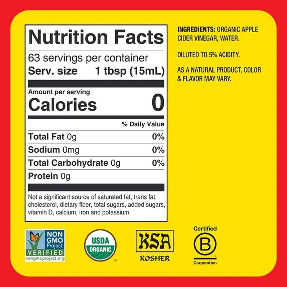 Bragg Organic Apple Cider Vinegar with the Mother, Raw and Unfiltered, 32 fl oz.