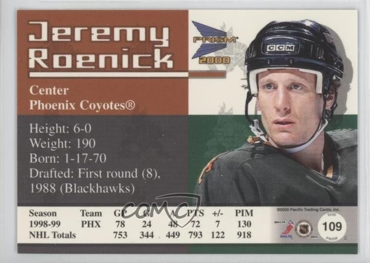 1999-00 Pacific Prism Holographic Purple /99 Jeremy Roenick #109 HOF - Image 2 of 2