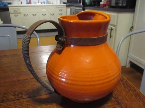 RARE !! Ice-Lip Bauer Los Angeles Pottery Orange  Pitcher Rattan Copper Handle