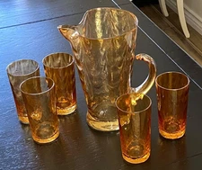 VTG Pitcher & Glasses Amber Marigold Swirl Holiday Serving Glassware