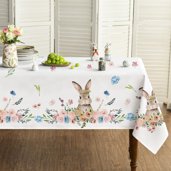 Hase Blumen BläTter Ostern Tischdecke 140X160 Cm, Saisonnal FrüHling Fleckschutz-image