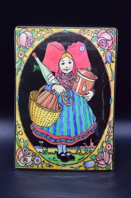 Vintage Painted Metal Plaque Girl with Bow Bread Basket Umbrella Signed Hansi