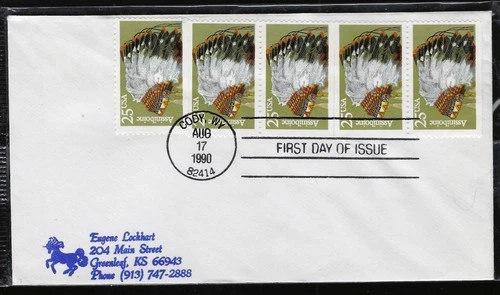 1¢ WONDER'S ~ US FDC 25¢ ASSINIBOINE INDIAN HEADDRESS BOOKLET PANE 1990 ~ D379