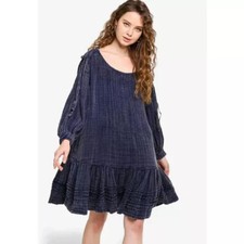 Free People Washed Ashore Mini Dress Indigo Ruched Ruffle Round Neck New M