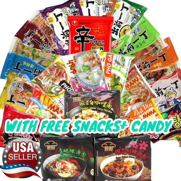 Caja de ramen instantáneo chino asiático coreano japonés 20 piezas + bocadillos y dulces gratis