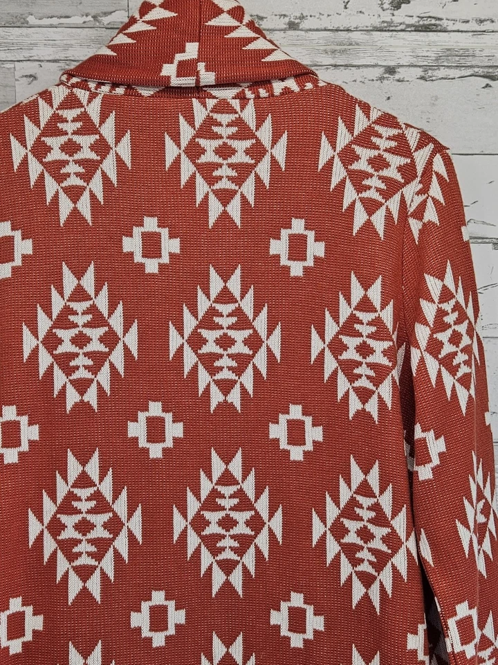 Cárdigan Antthony Original Largo Abierto Pequeño Estampado Azteca Naranja Oxidado Mantón Cuello Foto 3 de 4