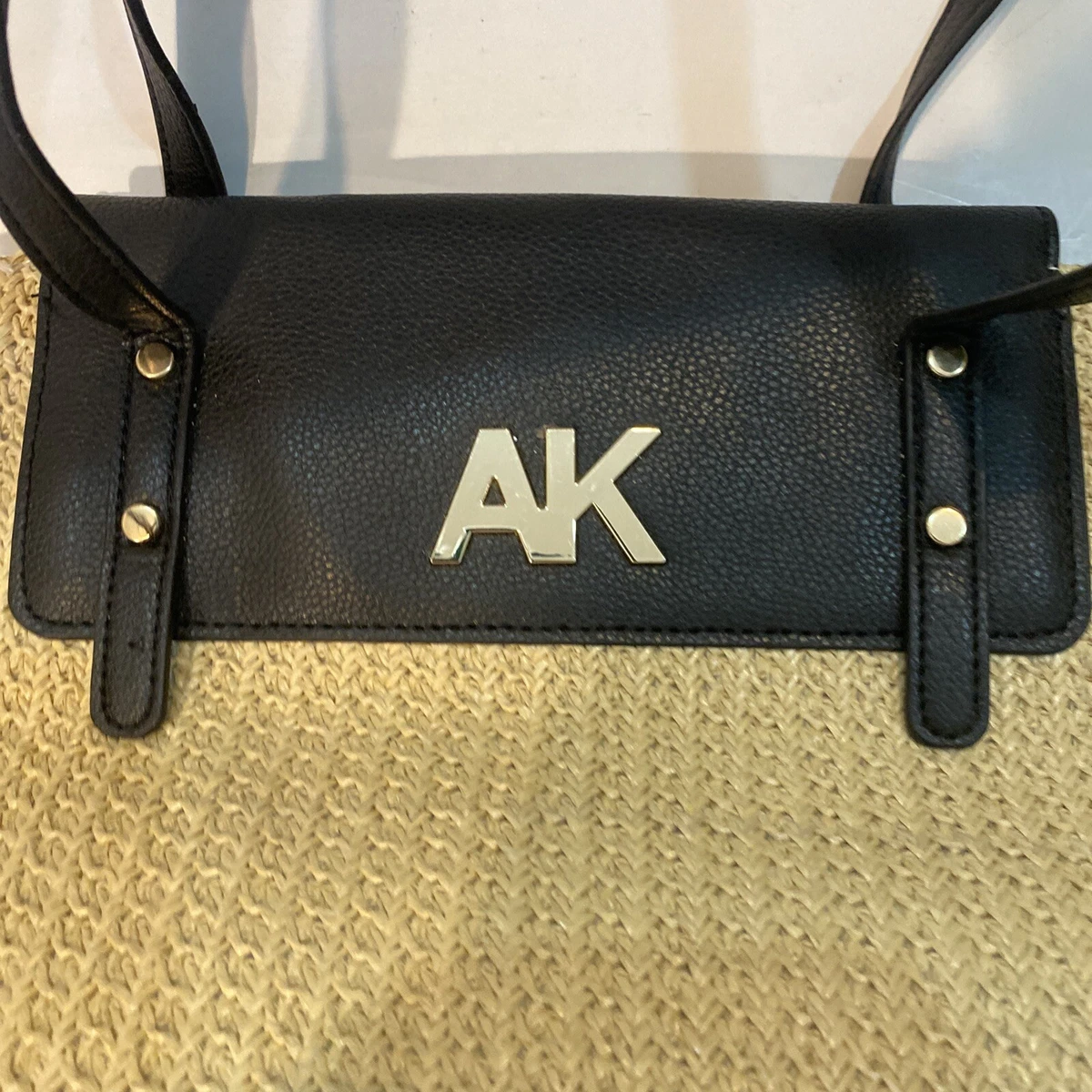 Anne Klein Purse wicker straw raffia woven tote bag handbag Tan Black Leather