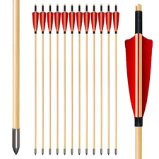 24Pcs Handmade 33" Traditional Wooden Arrows Red Shield Feather Recurve Longbow