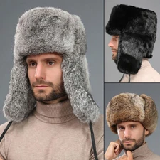 Mens Rabbit Fur Hat Trapper Ushanka Earmuffs Ski Cap Fashion comfy Winter Warm #