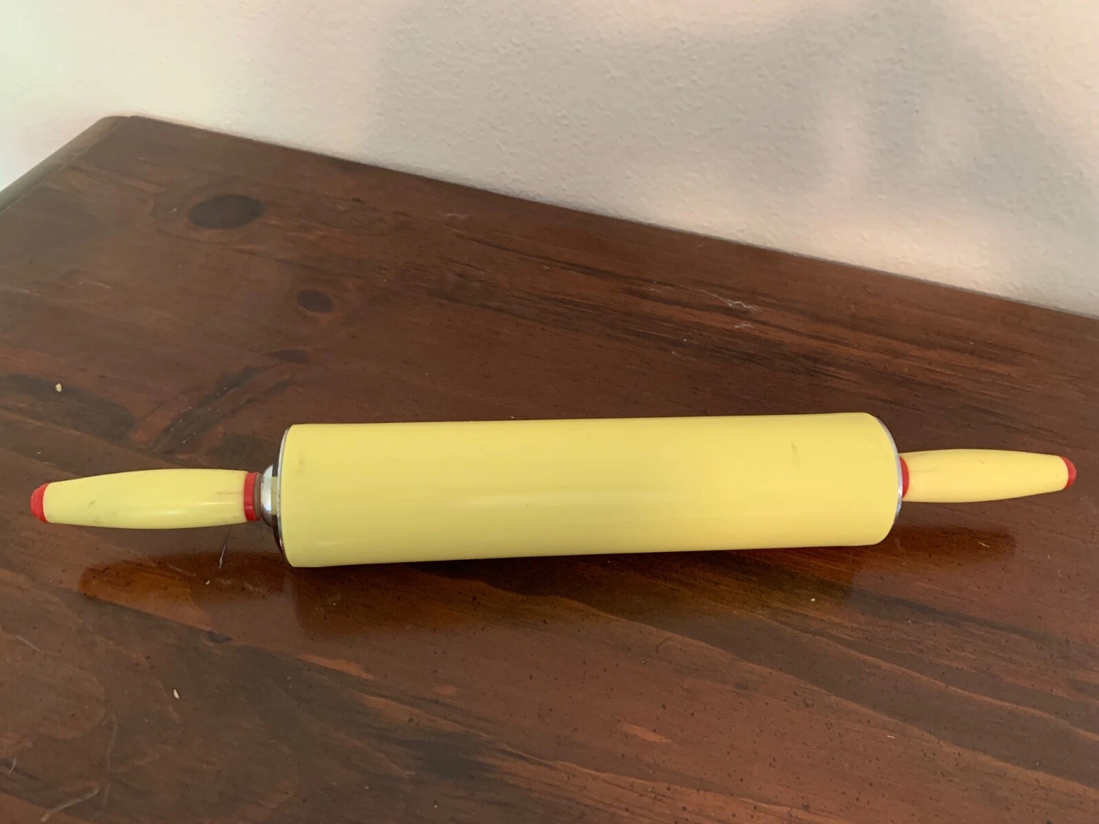 Vintage Rolling Pin Yellow Red Melamine Red, Chrome Trim 18” Rustic Collection