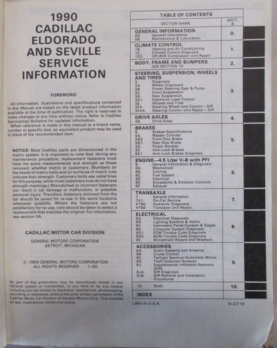 1990 CADILLAC ELDORADO/SEVILLA SERVICE INFORMATIONSHANDBUCH - Bild 2 von 6