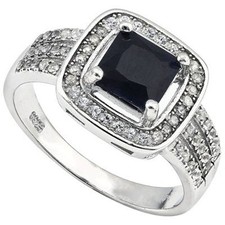 1.63 CTW GENUINE DIAMOND  BLACK SAPPHIRE PLATINUM OVER 925 S. SILVER RING