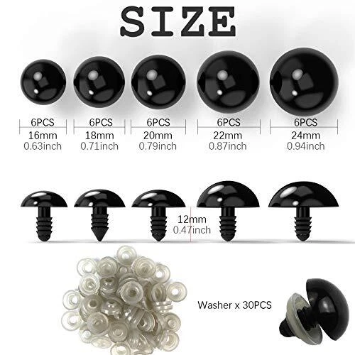 Safety Eyes for Amigurumi Crochet 30PCS 16-24 mm, Plastic Black Large  Safety