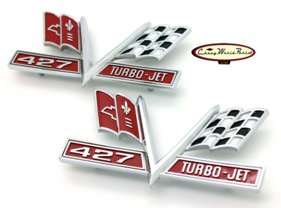 1965 TO 1967 STYLE  CAMARO CHEVELLE IMPALA 427 TURBO-JET FENDER EMBLEMS,  PAIR