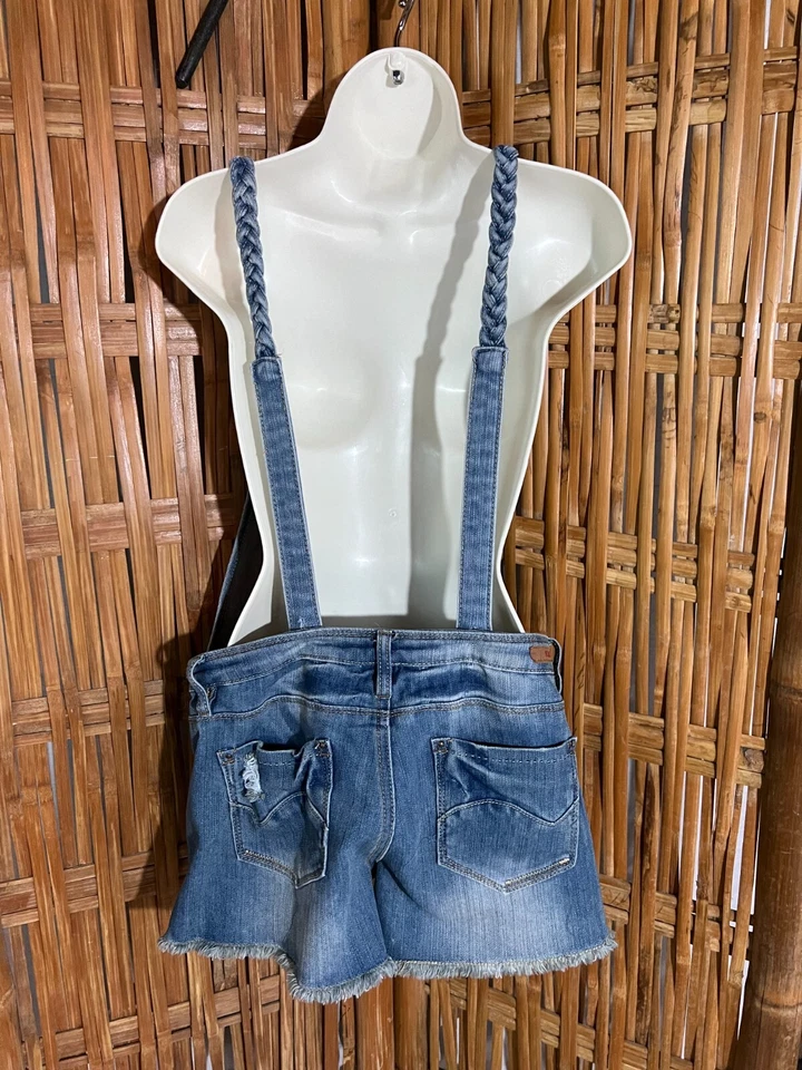 Bongo Overall Bib Blue Jeans Short Shorts Braided Straps Distressed L - Image 2 of 4