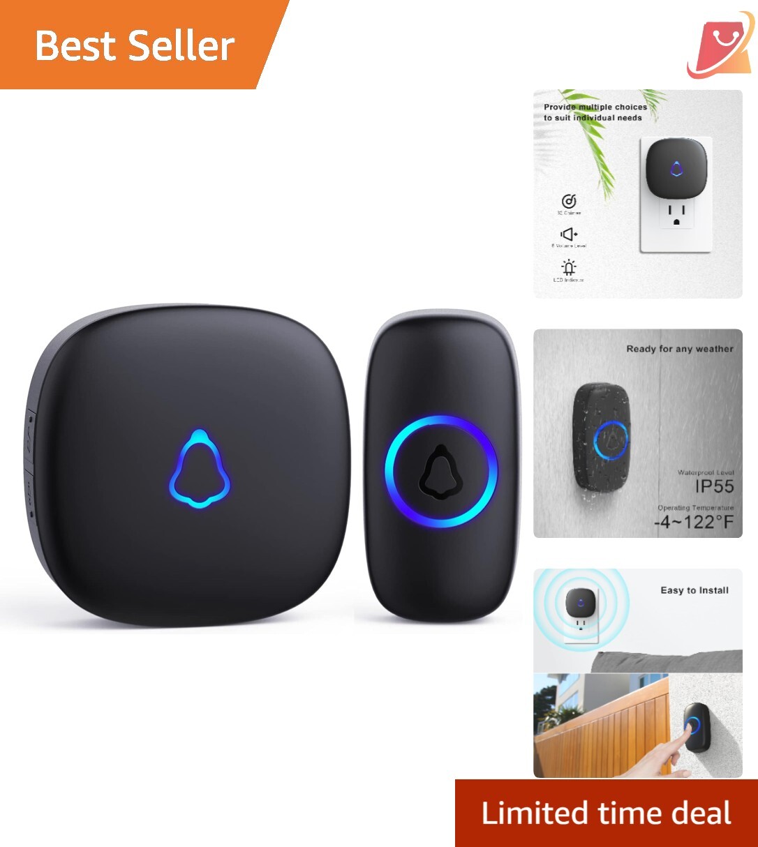 Wireless Waterproof Doorbell with LED Lights 1000ft Range Adjustable Volume Color Options-image