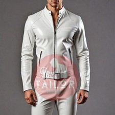 MEN'S GENUINE SOFT LEATHER WHITE CATSUIT FRONT ZIPPER OVERALL BODYSUIT JUMPSUIT