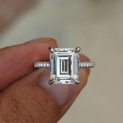 3 Ct Emerald Cut Simulated Diamond Halo Wedding Ring In 14K White Gold Plated
