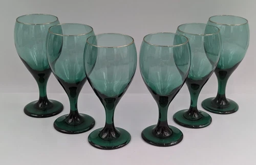 Libbey Water Goblets Juniper Tear Drop Green Glass Stemware Gold Rim 7" Set of 6