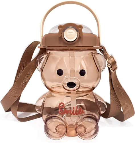 Kawaii Bear Water Bottle with Straw and Strap, Cute Water Bottles for Kids, Port
