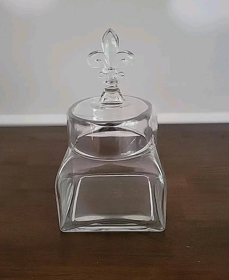Fleur De Lis Glass Clear Jar Canister Apothecary 9.5" Nice 👀