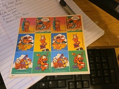 Garfield Sticker Sheet of 12 Rare Surfing Camping Swimming Vacations New 1978