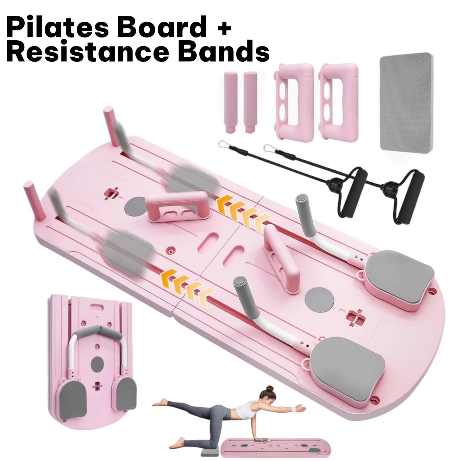 PINK Portable Pilates Board with Resistance Bands Home Workout Fitness Trainer