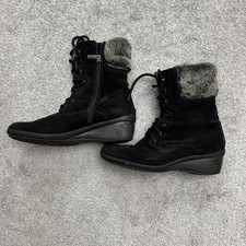 Aquatalia Suede Faux Fur Wedge Winte Boots Womens 8 Black Lace Up Side Zip Italy