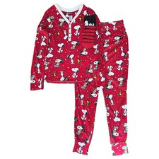 Peanuts Womens Red Snoopy Dog Long Sleeve Shirt  Pants Pajamas Sleep Set